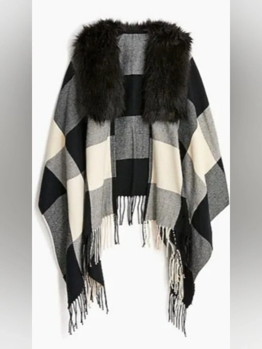 J.Crew One Size Faux Fur Collar Plaid Jacket Cape Shawl Poncho Black Fringe O/S